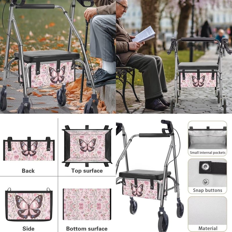 LedBack Rollator Walker Seat and Backrest Covers Walker Accessories for 3 Pcs, Pink Floral Butterflies Under Seat Bag for Four Wheel Rollator, Easy to Install - Image 5